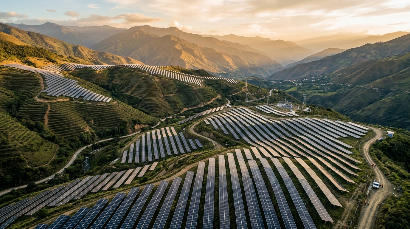 Parque solar del PPA de Cox con EPM en Colombia, vista aérea al atardecer