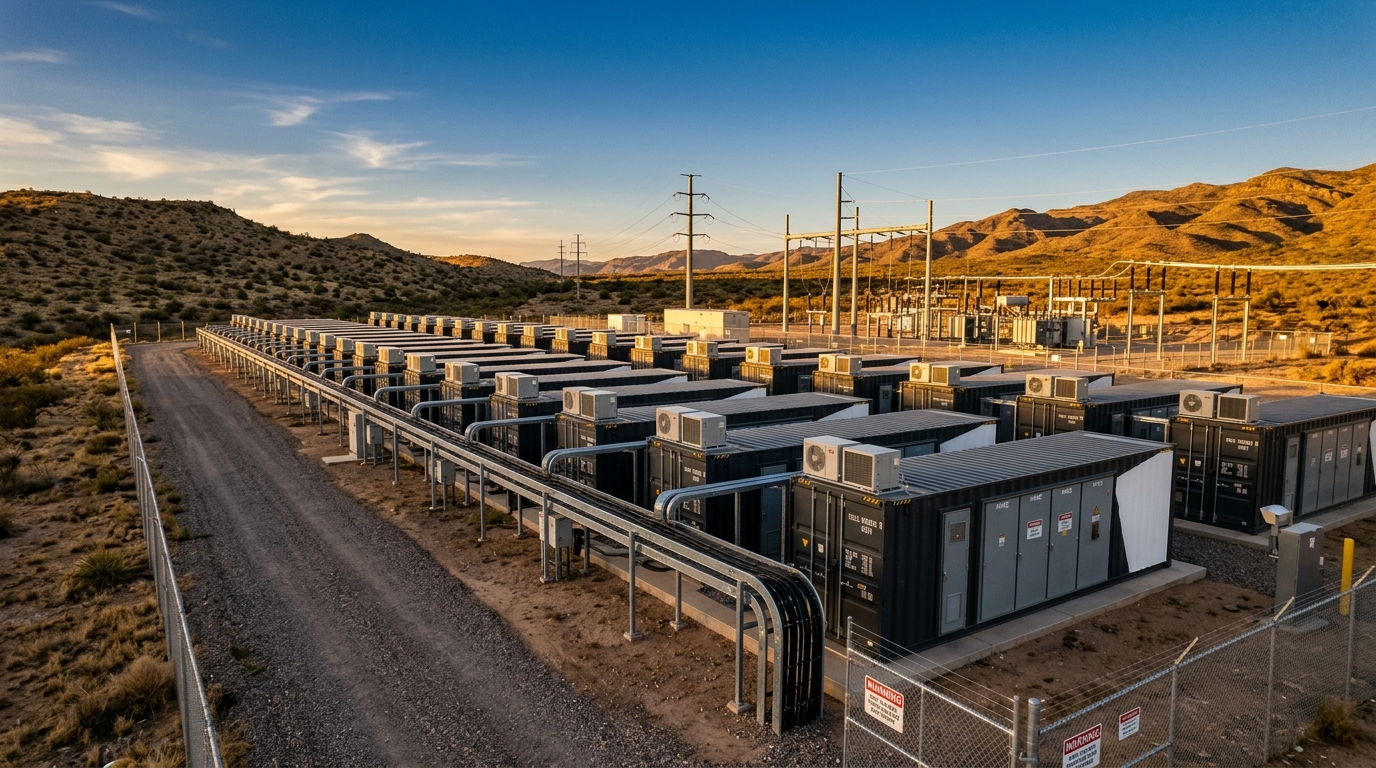 Battery containers at a storage facility in the southwestern United States