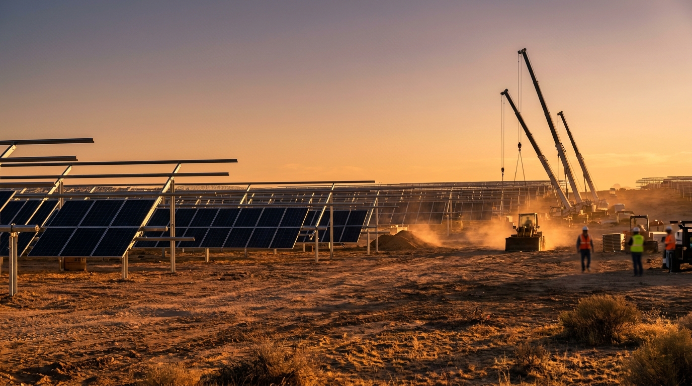Solar farm under construction with panels half-installed in the U.S. southwest desert