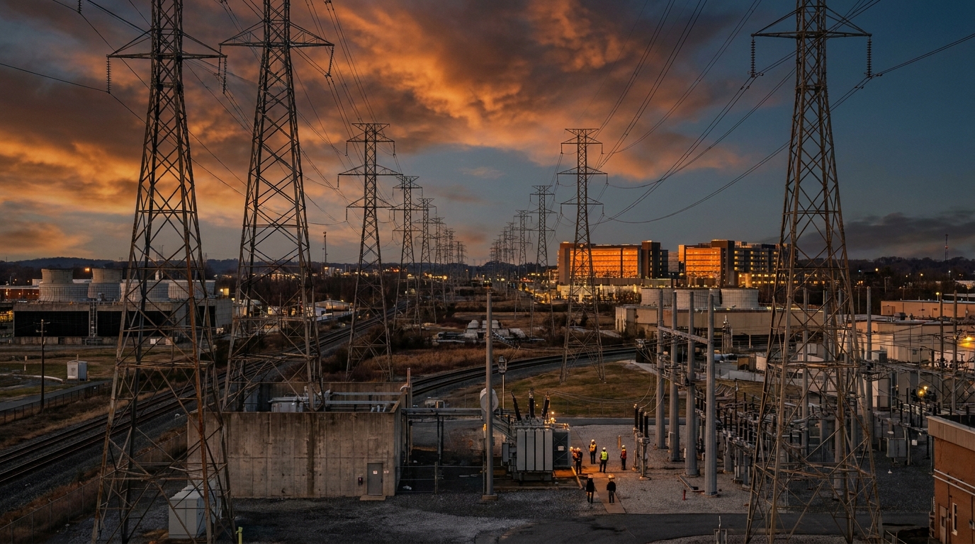 Centros de datos y líneas de transmisión en paisaje industrial con pronósticos de demanda energética