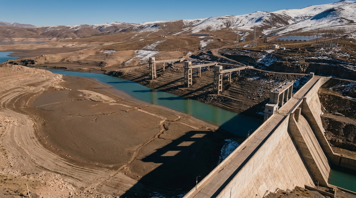 Embalse hidroeléctrico chileno con nivel bajo de agua por sequía en los Andes