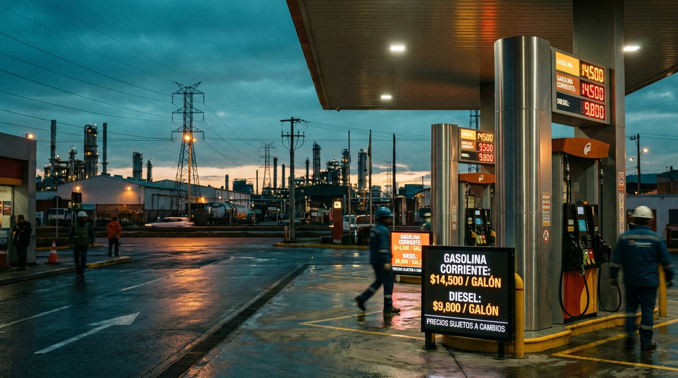Gas station pump with price display in Colombian pesos at dusk
