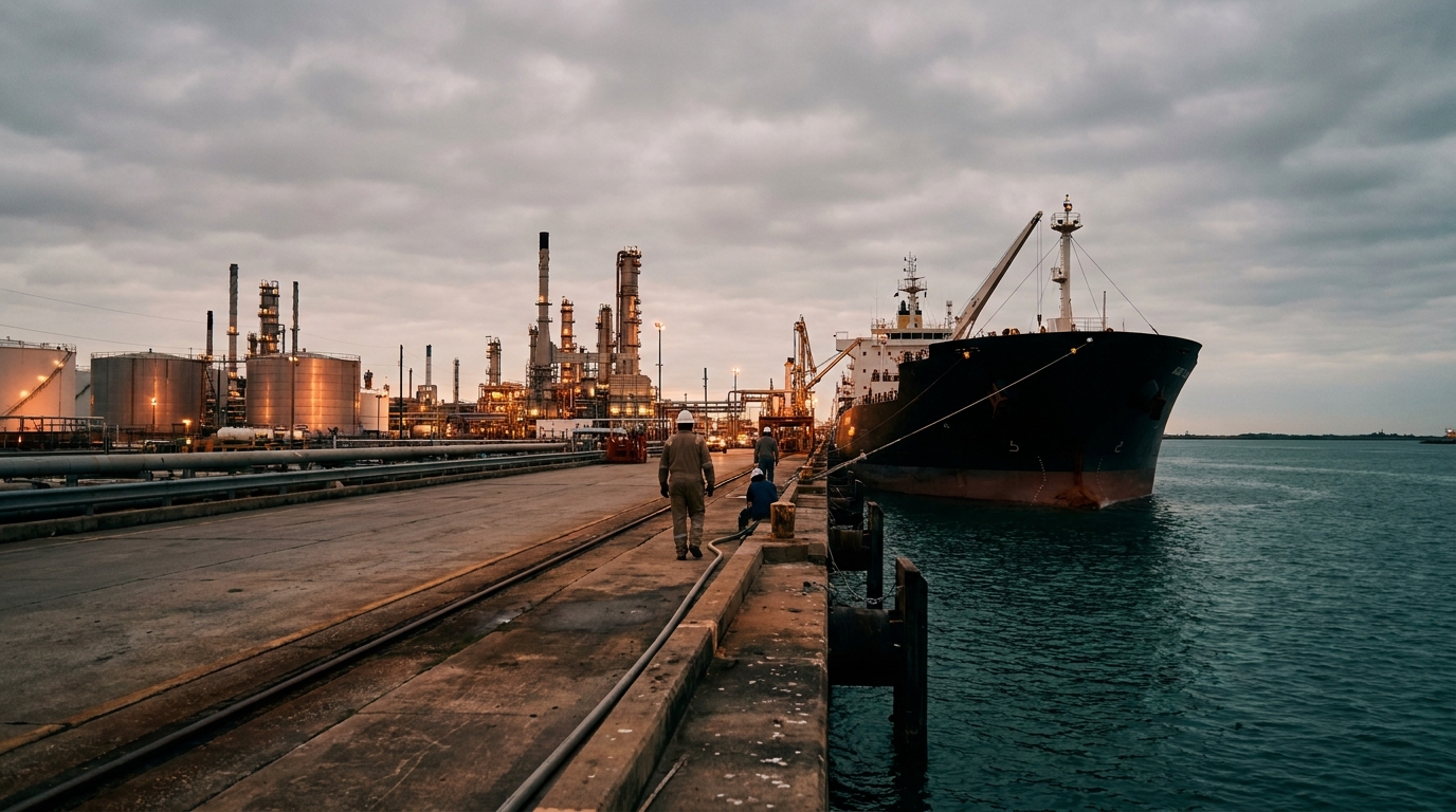 Pemex executive tower in Mexico City at dusk with industrial reflections