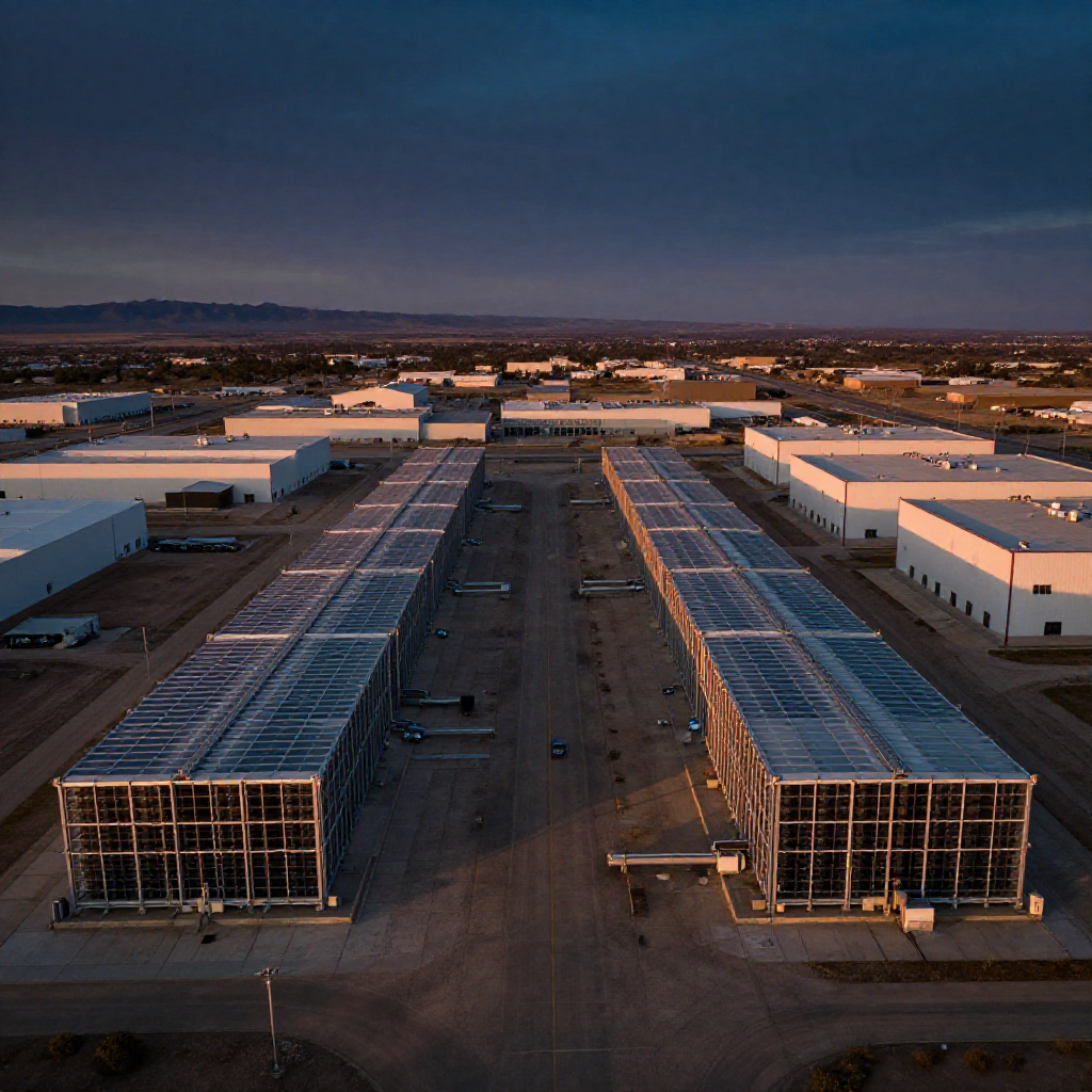 Data center batteries on an industrial campus at dusk