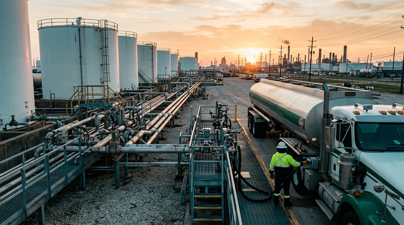 Diesel prices in Mexico: tanker truck at a distribution terminal at dawn