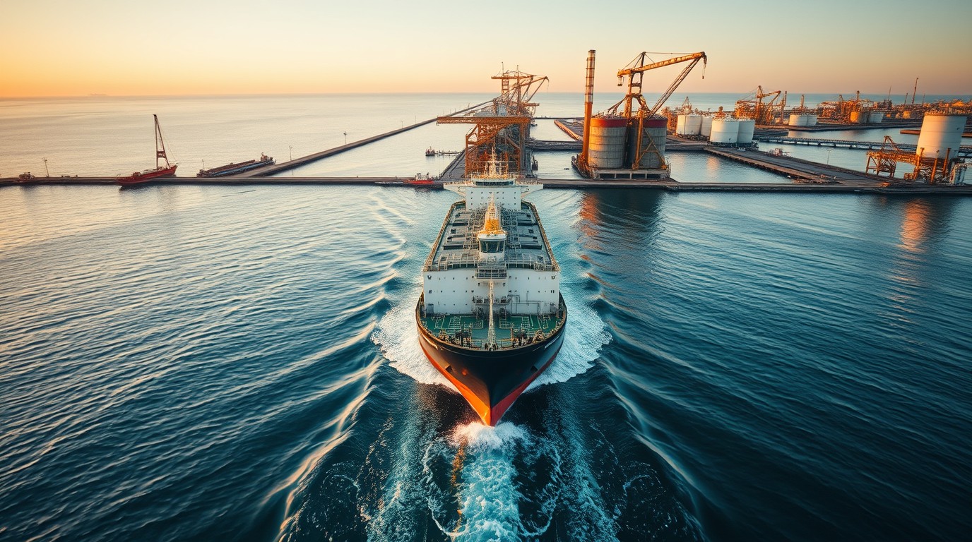 Russian diesel tanker docked at a port terminal at dawn, a marker of Russian diesel