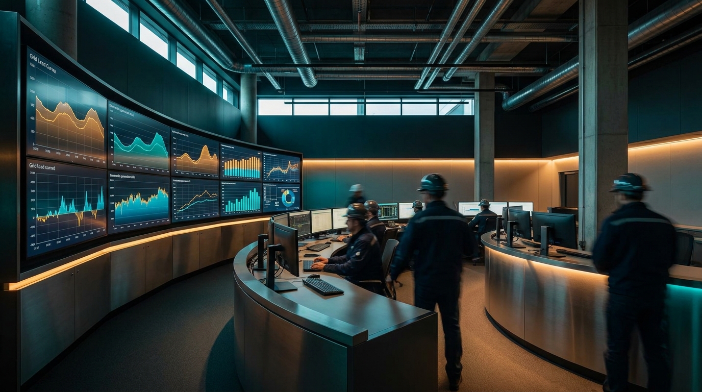 Control room with monitors displaying renewable generation curves and grid data