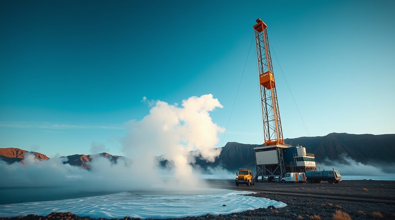 Torre de perforación geotérmica con plumas de vapor en terreno volcánico al amanecer