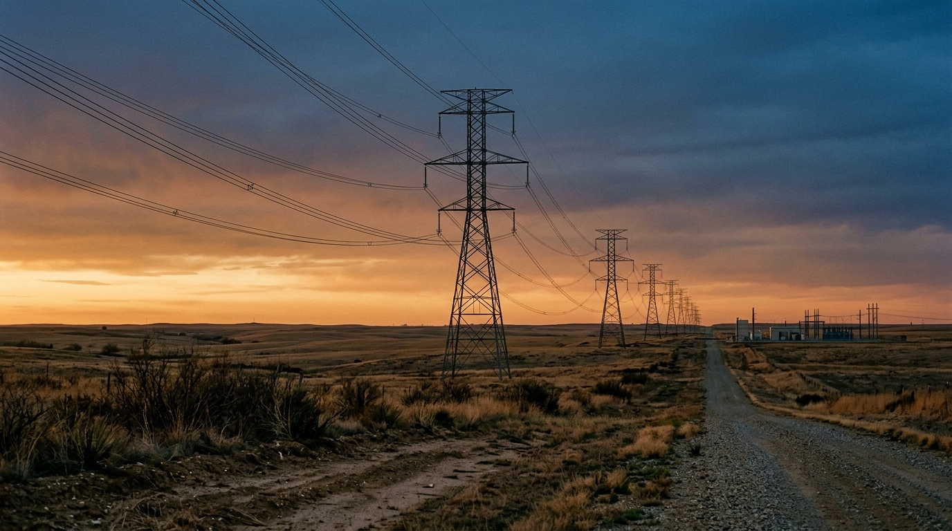 Torres de alta tensión al atardecer en paisaje industrial, transmisión de red eléctrica