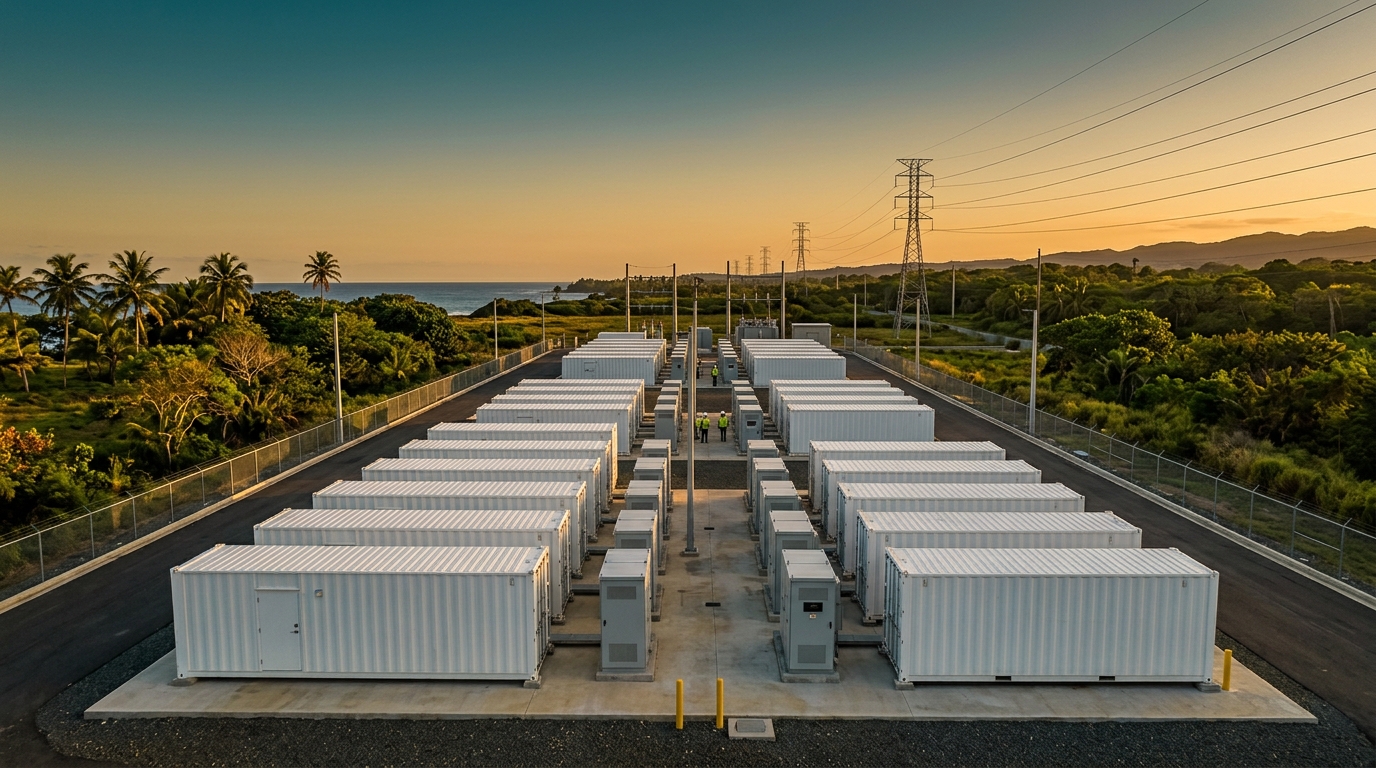 Battery storage systems in Puerto Rico with electrical grid infrastructure and palm trees in the background
