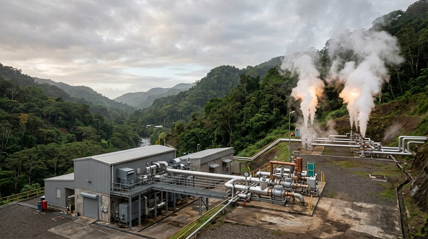 Geothermal plant with steam plumes in the Roseau Valley, Dominica