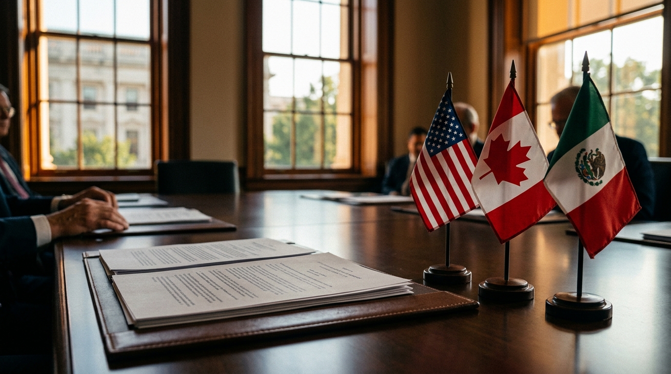 Banderas de México, Estados Unidos y Canadá junto a documentos en la revisión del T-MEC