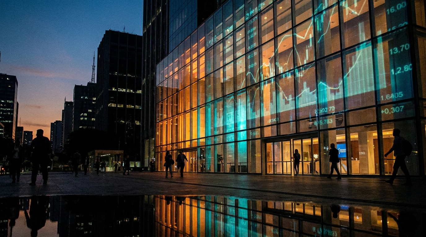 Edificio de la bolsa B3 de São Paulo al atardecer con banderas de Brasil y Colombia