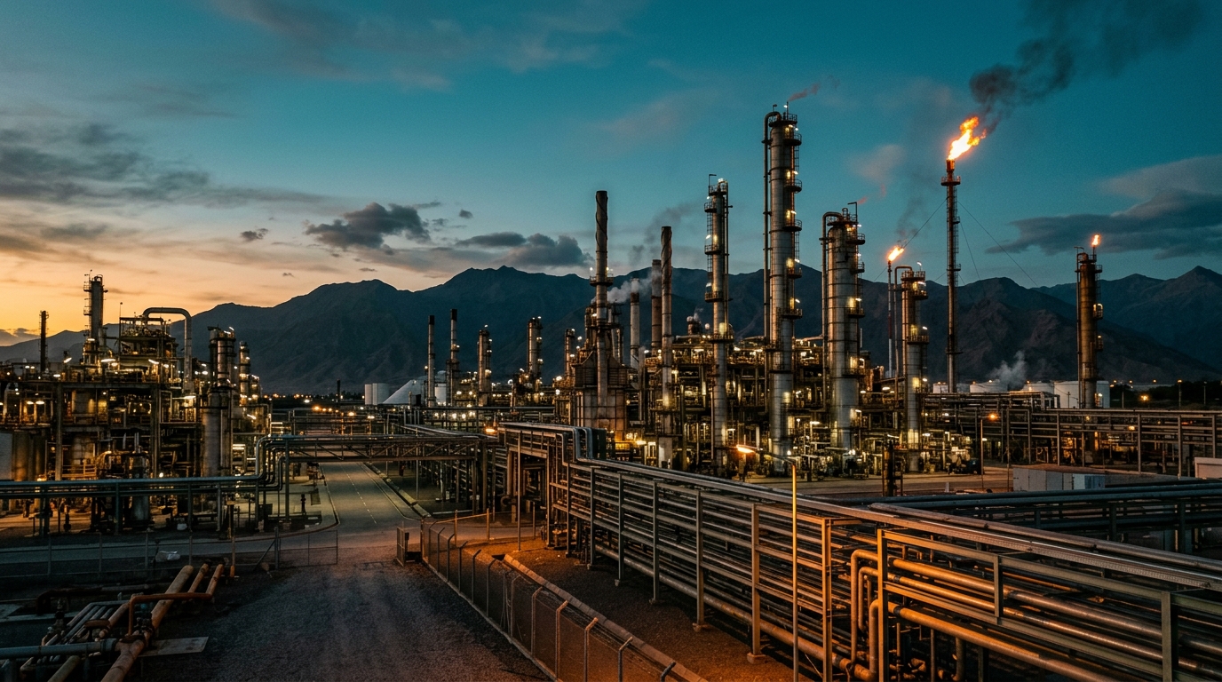 Ecopetrol refinery with towers and flares at sunset in Colombia