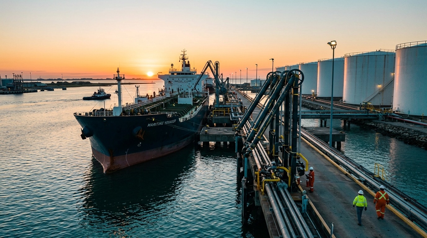 Buque tanque descargando diésel en terminal portuaria del Golfo de México al amanecer