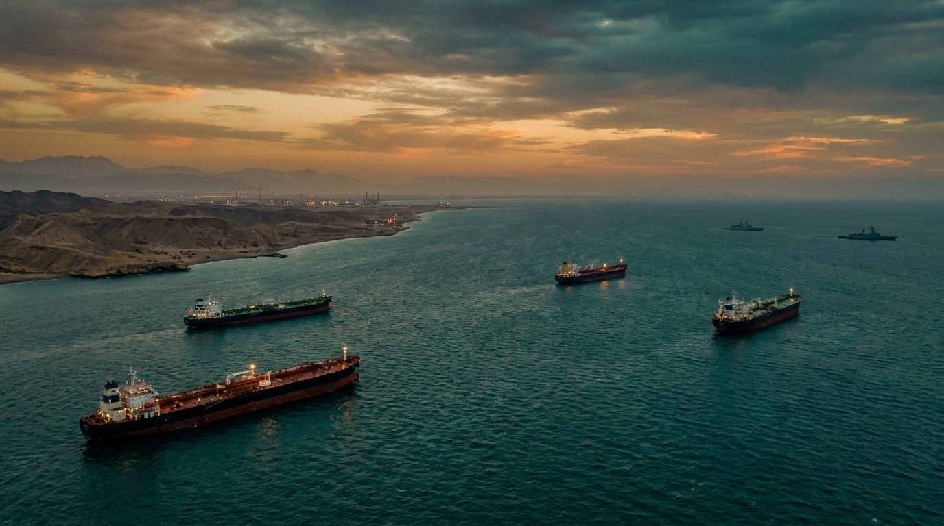 Buques petroleros en el estrecho de Ormuz al atardecer con navíos militares en el horizonte