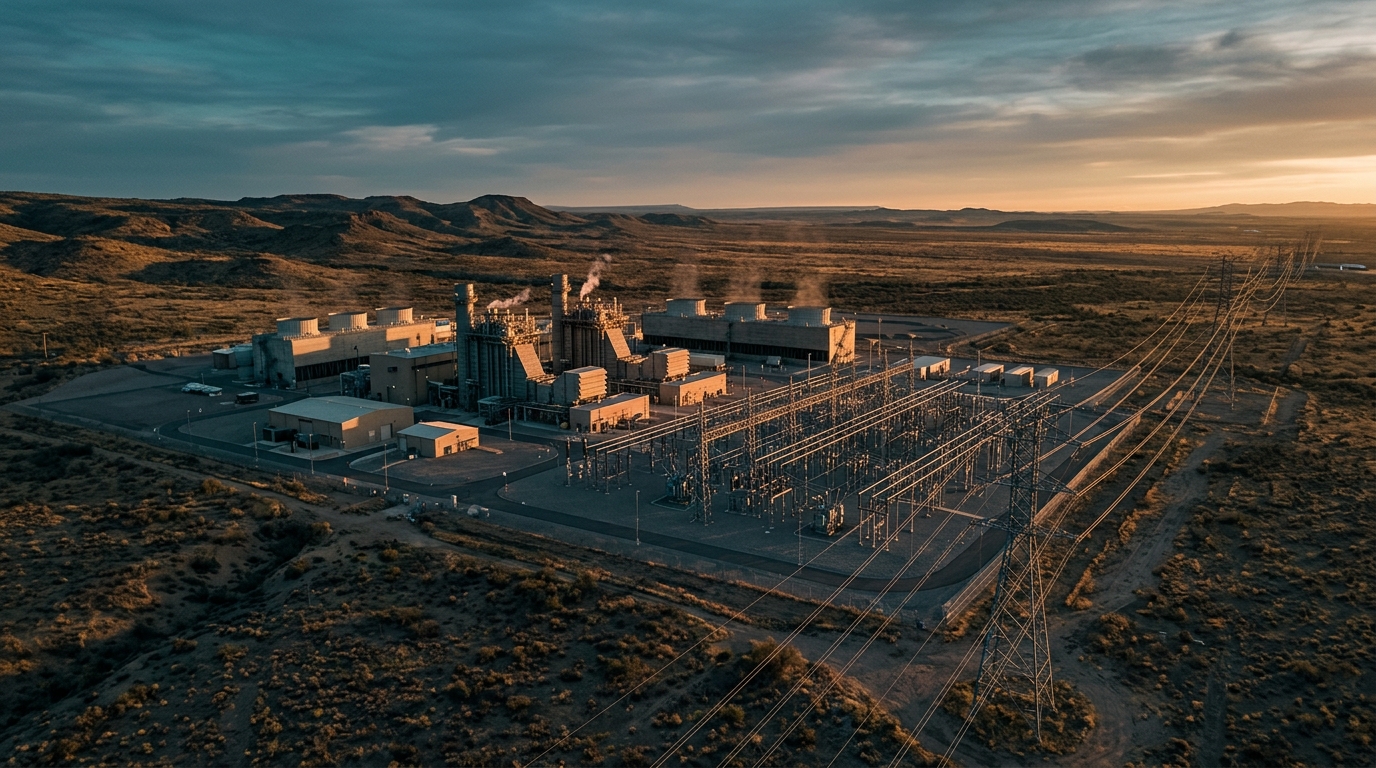 Transmission lines and a natural gas plant serving data centers at sunset