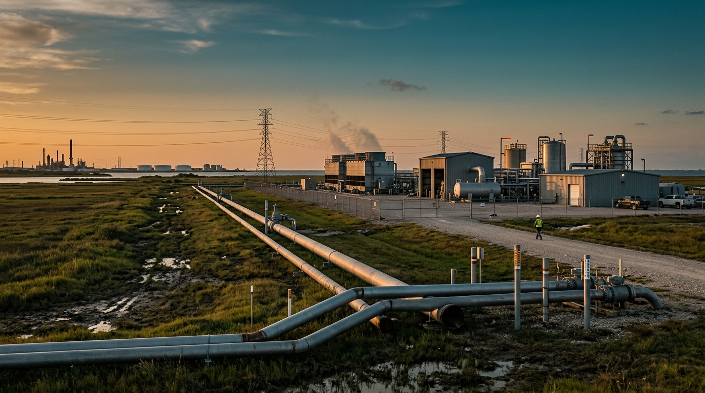 Natural gas platform and pipelines at sunset on the Gulf Coast