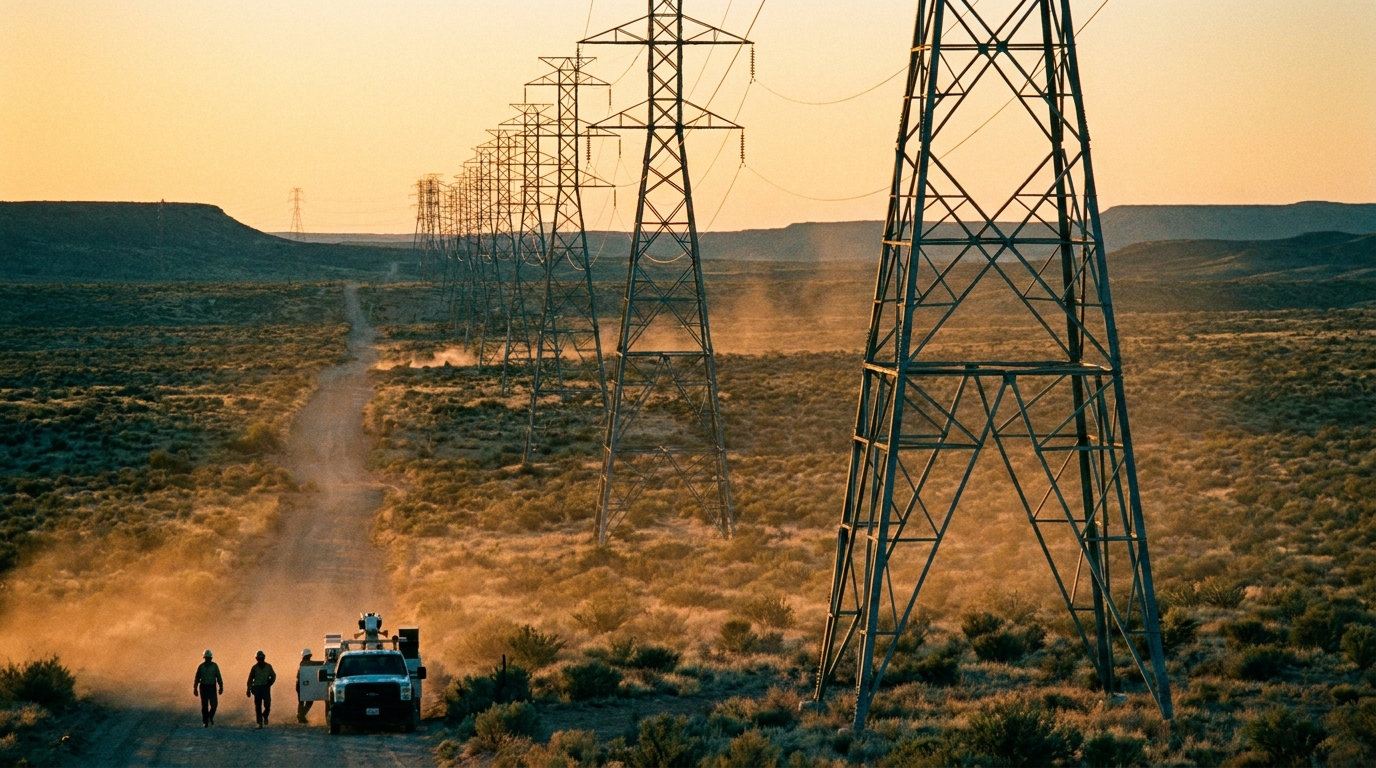 Electric transmission towers in the desert landscape of the Permian Basin at sunset