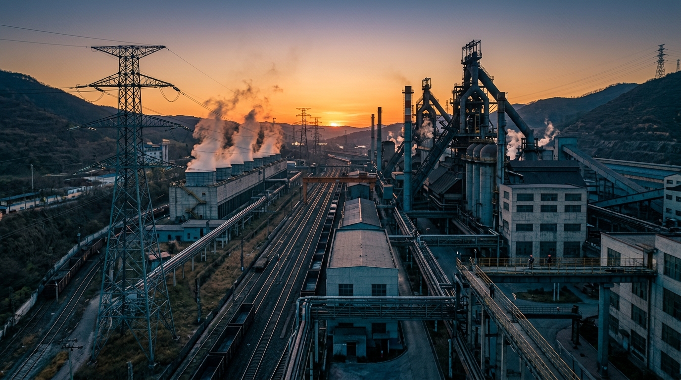 Planta siderúrgica con electrólisis directa de hierro y líneas de alta tensión al atardecer