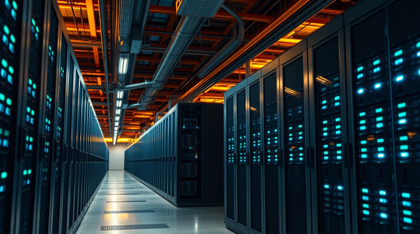 Server room with rows of racks and cables illustrating data center electricity demand