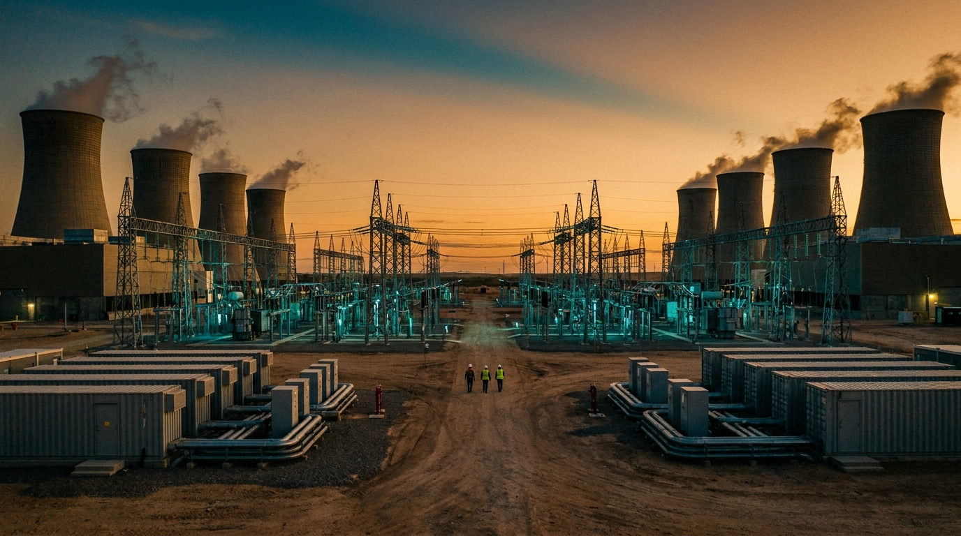 Centro de datos con torres de enfriamiento e infraestructura eléctrica al atardecer, emisiones CO2 tecnológicas