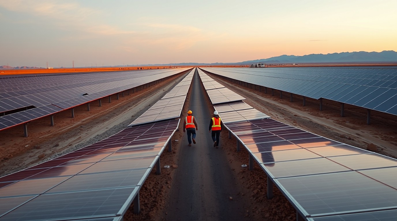 Generic workers in hard hats lined up by solar panels; US clean energy employment