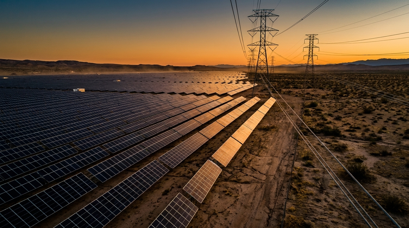 Solar farm at sunset with rows of panels and transmission towers in the background, U.S. Southwest