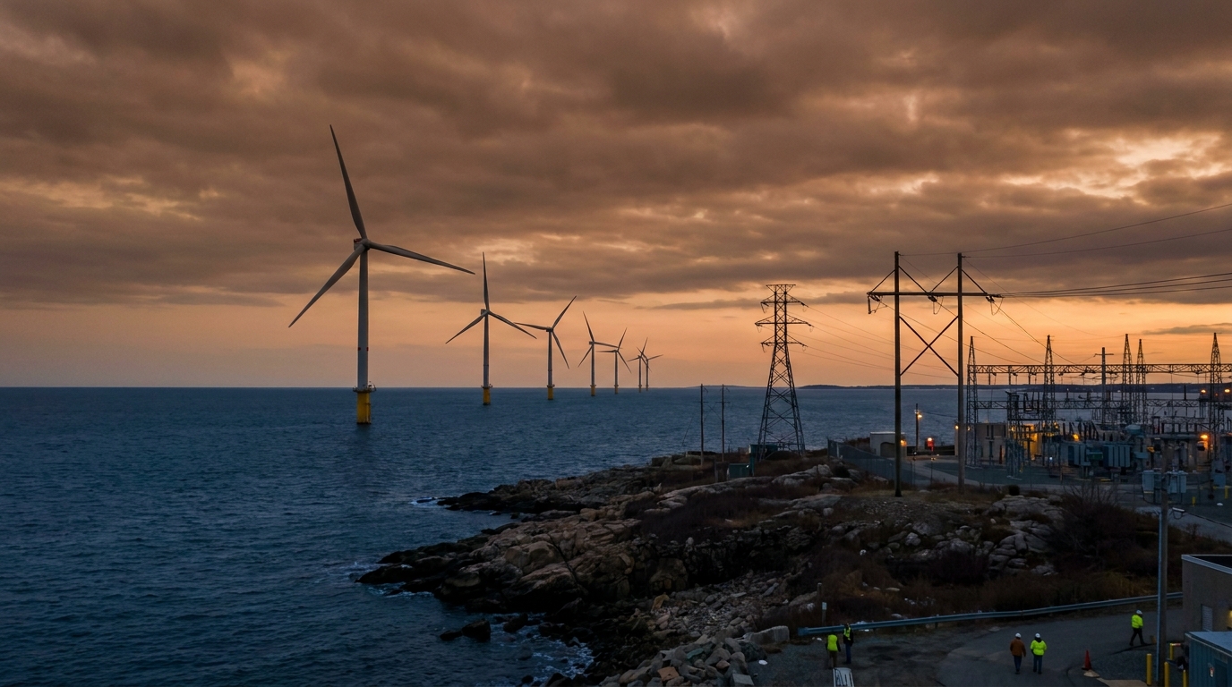 Vineyard Wind offshore turbines in the Atlantic at sunset with amber and industrial gray tones