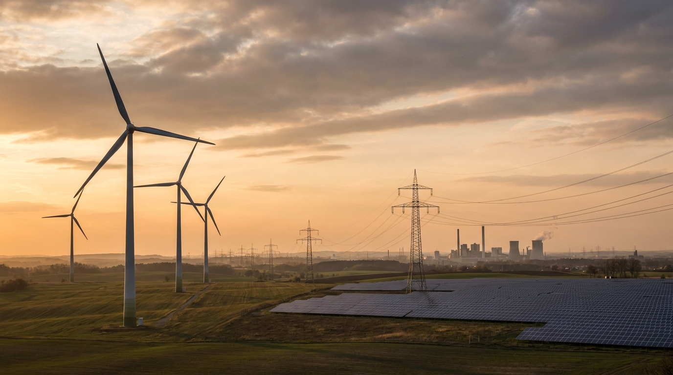 Wind farm and solar installation in a rural German landscape with transmission lines on the industrial horizon