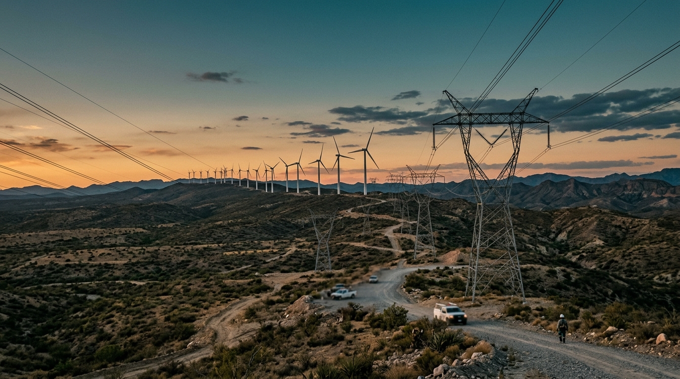 Wind turbines and transmission towers at dusk in northeastern Mexico