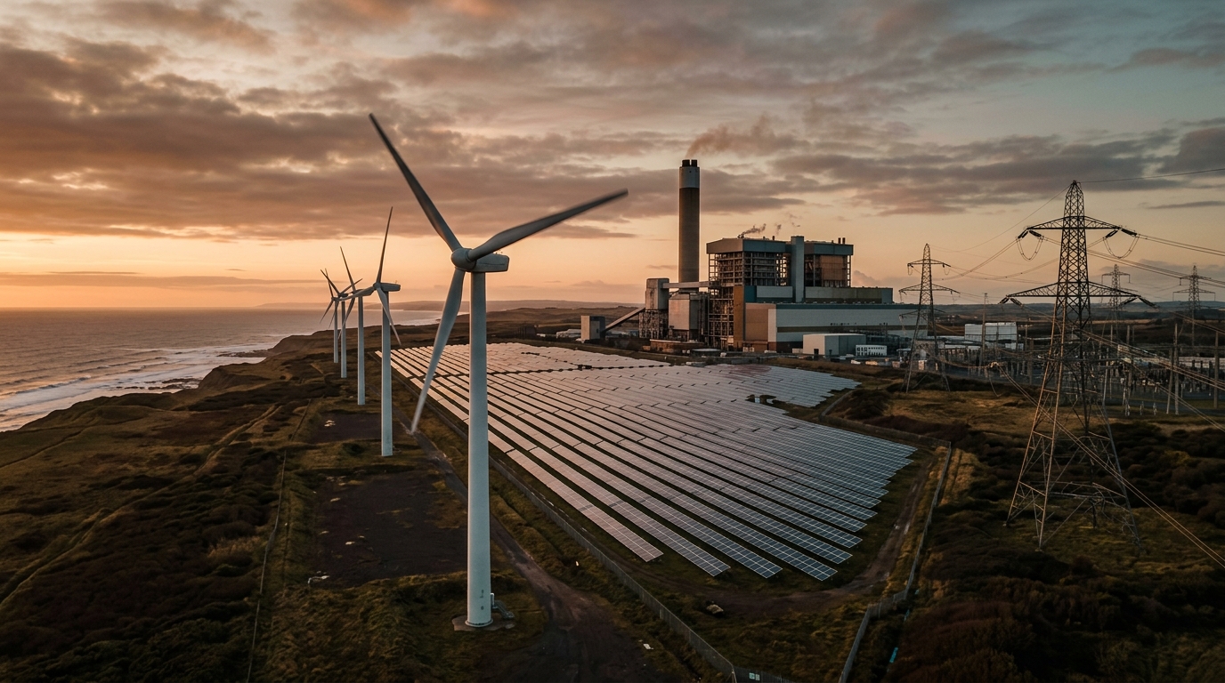 Parque de eólica y solar junto a central de gas en la costa británica