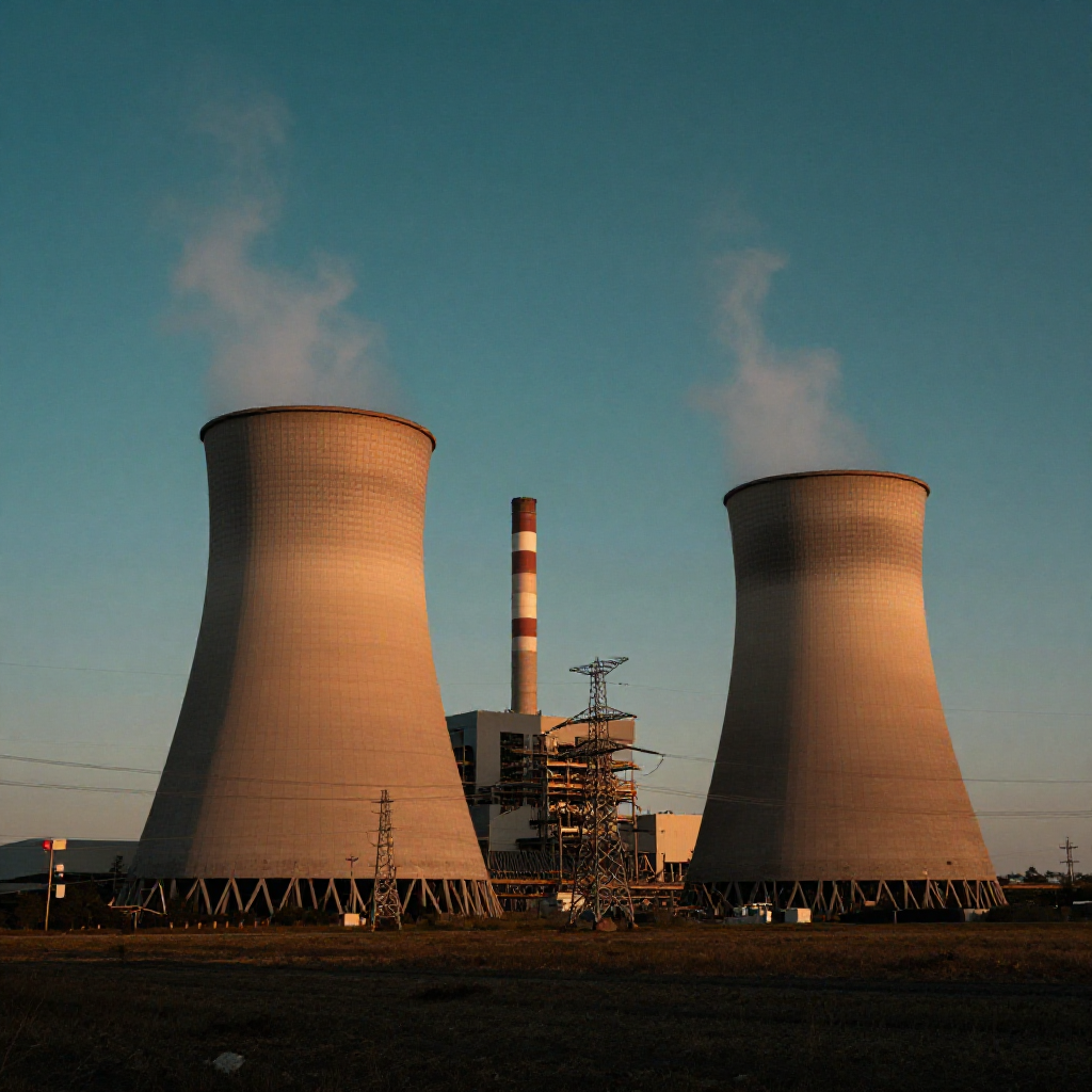 Central eléctrica de carbón con torres de enfriamiento y líneas de transmisión al atardecer