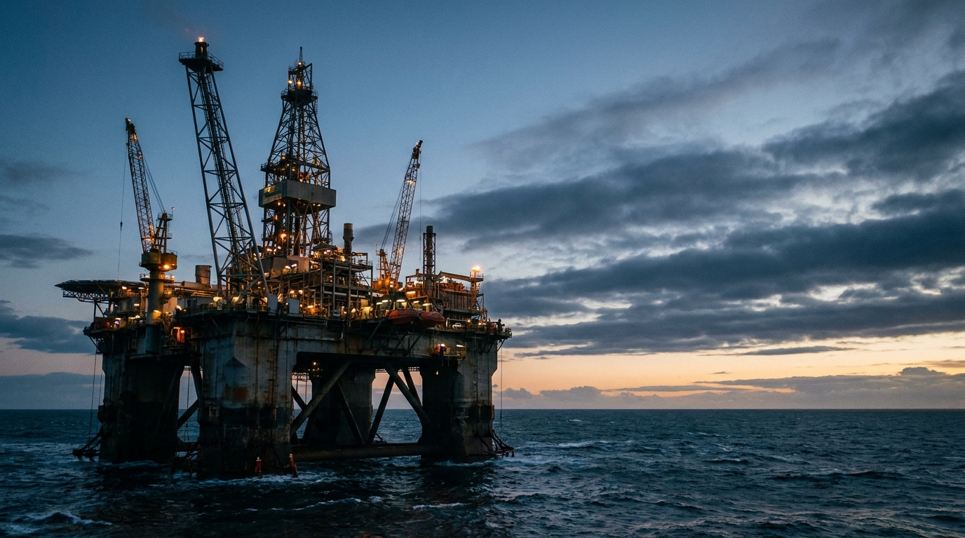 Equinor oil platform in the North Sea at dusk with an amber sky