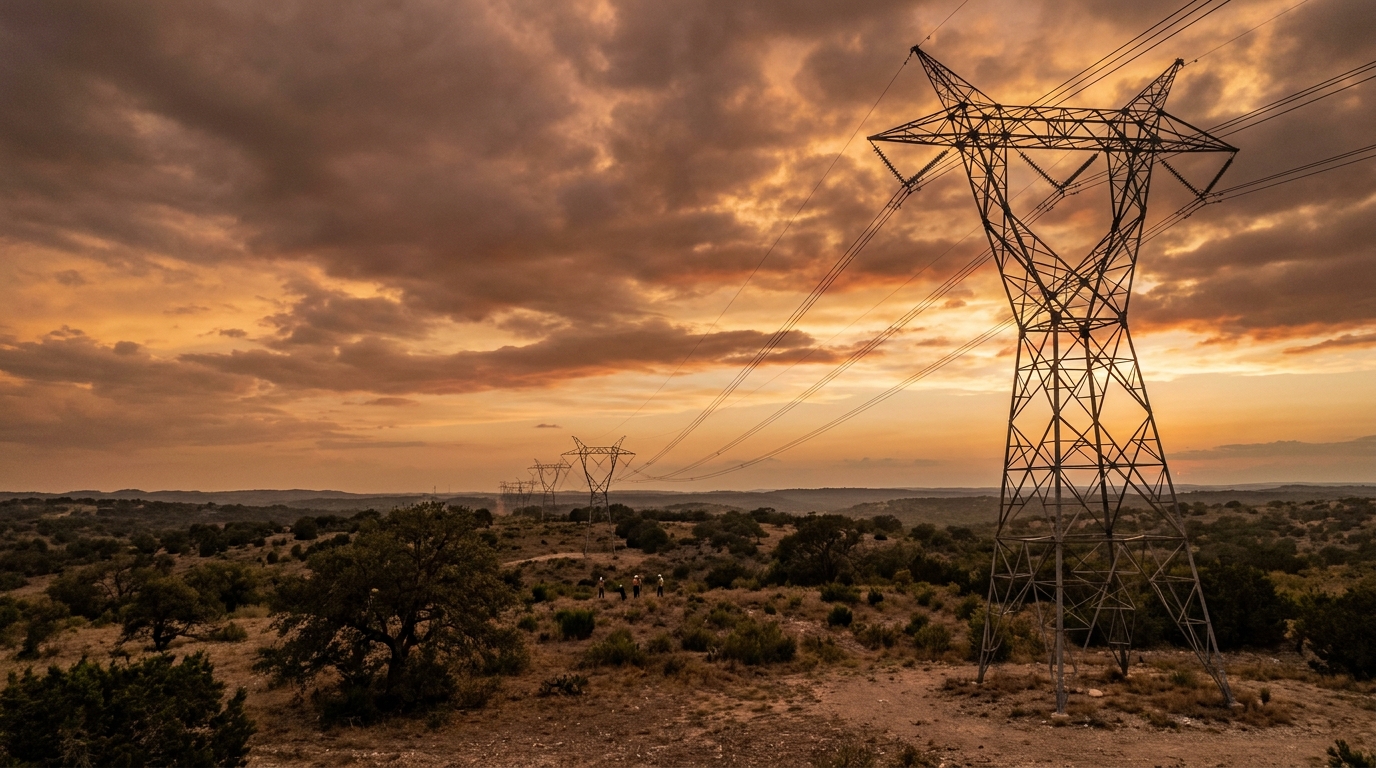 High-voltage transmission towers in a Texas industrial landscape at sunset