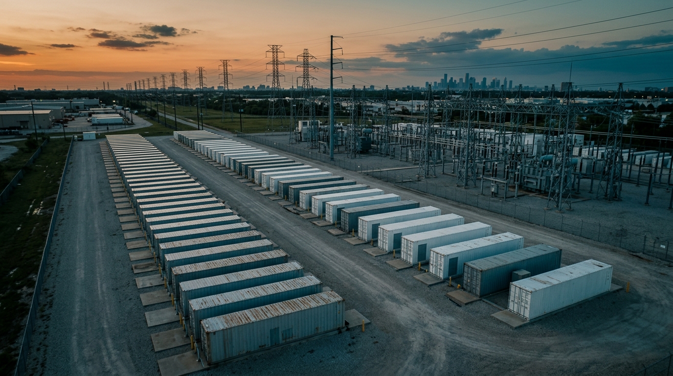 Sistema de baterías de almacenamiento ERCOT en contenedores junto a subestación al atardecer