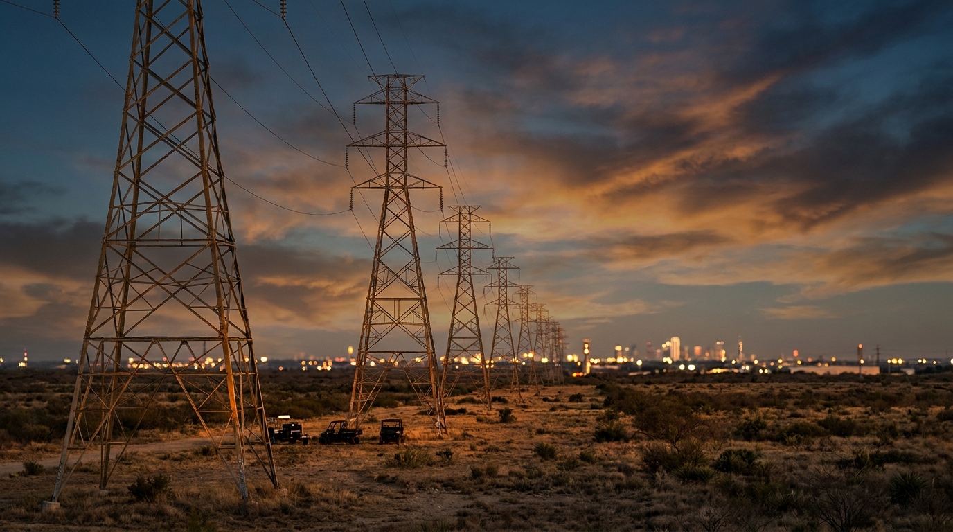High-voltage transmission towers on the Texas power grid at sunset against an amber sky