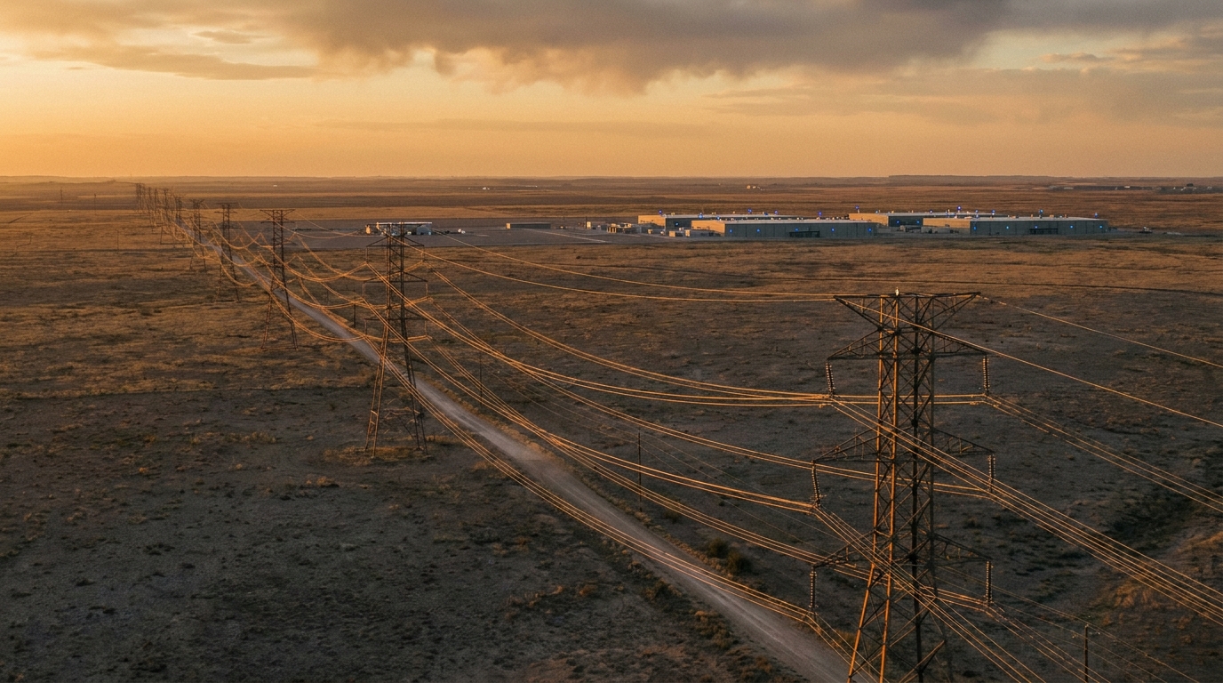 Electrical transmission towers at sunset in a Texas landscape with data centers in the background