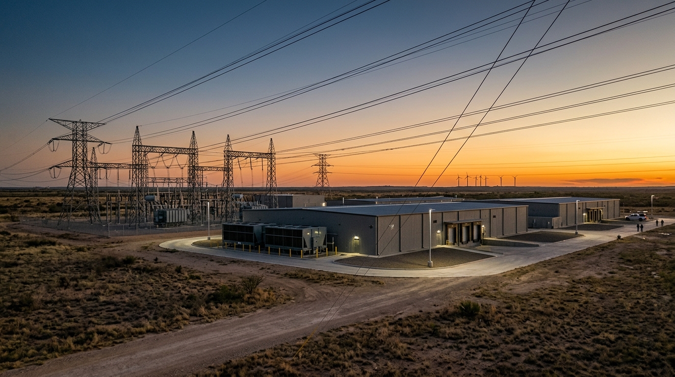Data centers in Texas with electrical transmission lines in the background