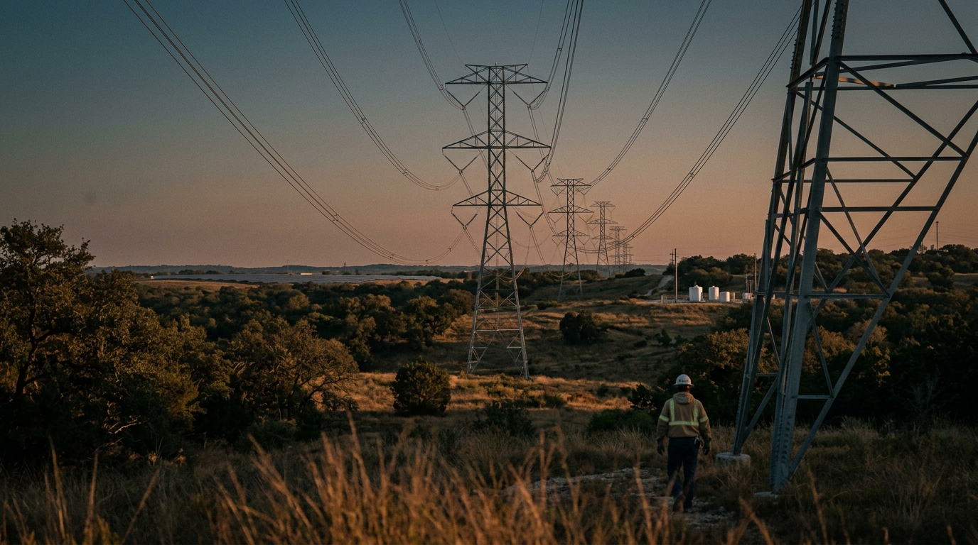 Texas electricity demand record: high-voltage transmission towers and solar panels