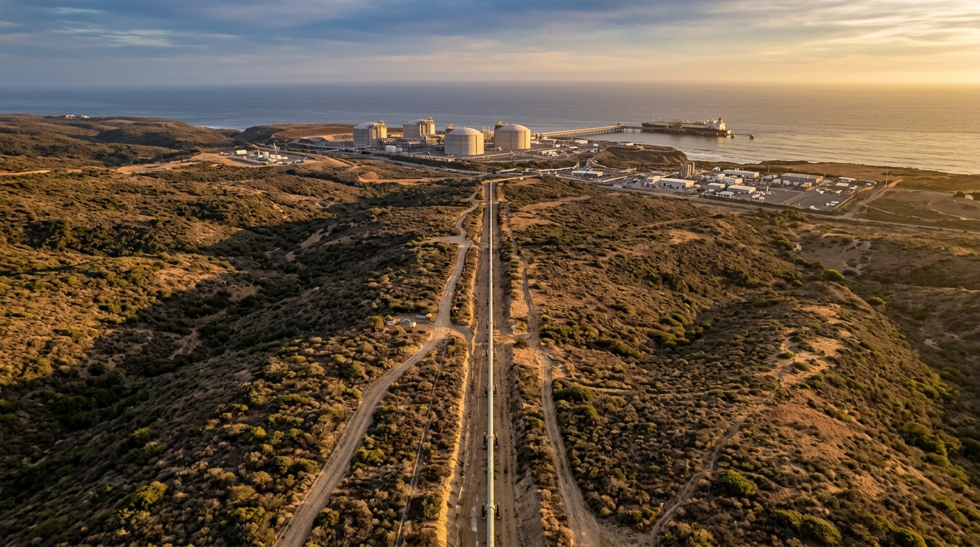 Aerial view of the Manzanillo-Guadalajara gas pipeline across the arid landscape of Jalisco and Colima