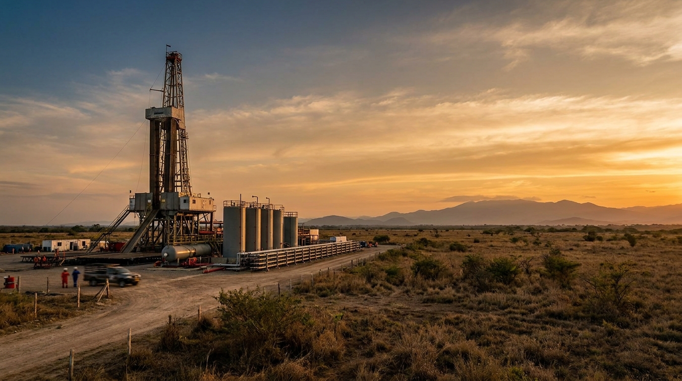 Plataforma petrolera en los Llanos Orientales de Colombia al atardecer, exploración de hidrocarburos