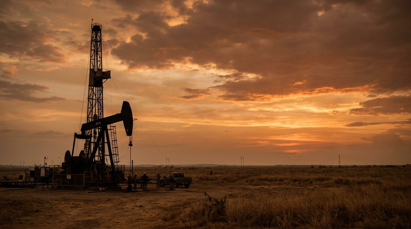 Torre de perforación petrolera en los Llanos Orientales de Colombia al amanecer