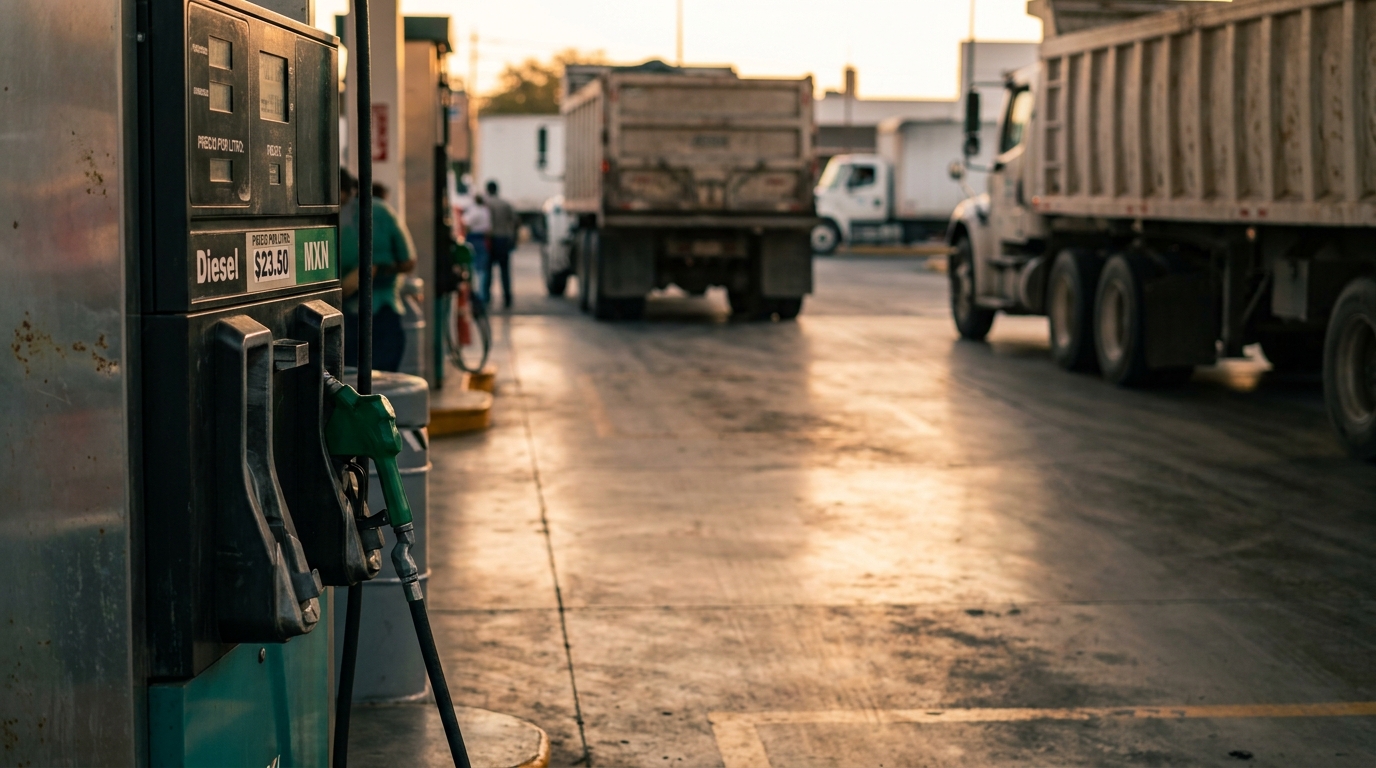 Diesel pump at a Mexican gas station at dusk, fuel fiscal stimulus