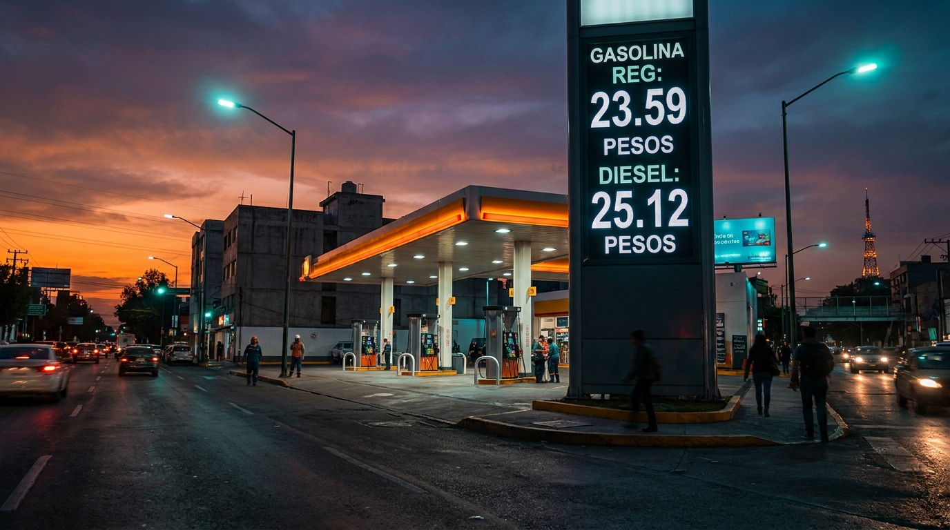 Estación de servicio con precios de combustibles visibles de 24 pesos por litro en México
