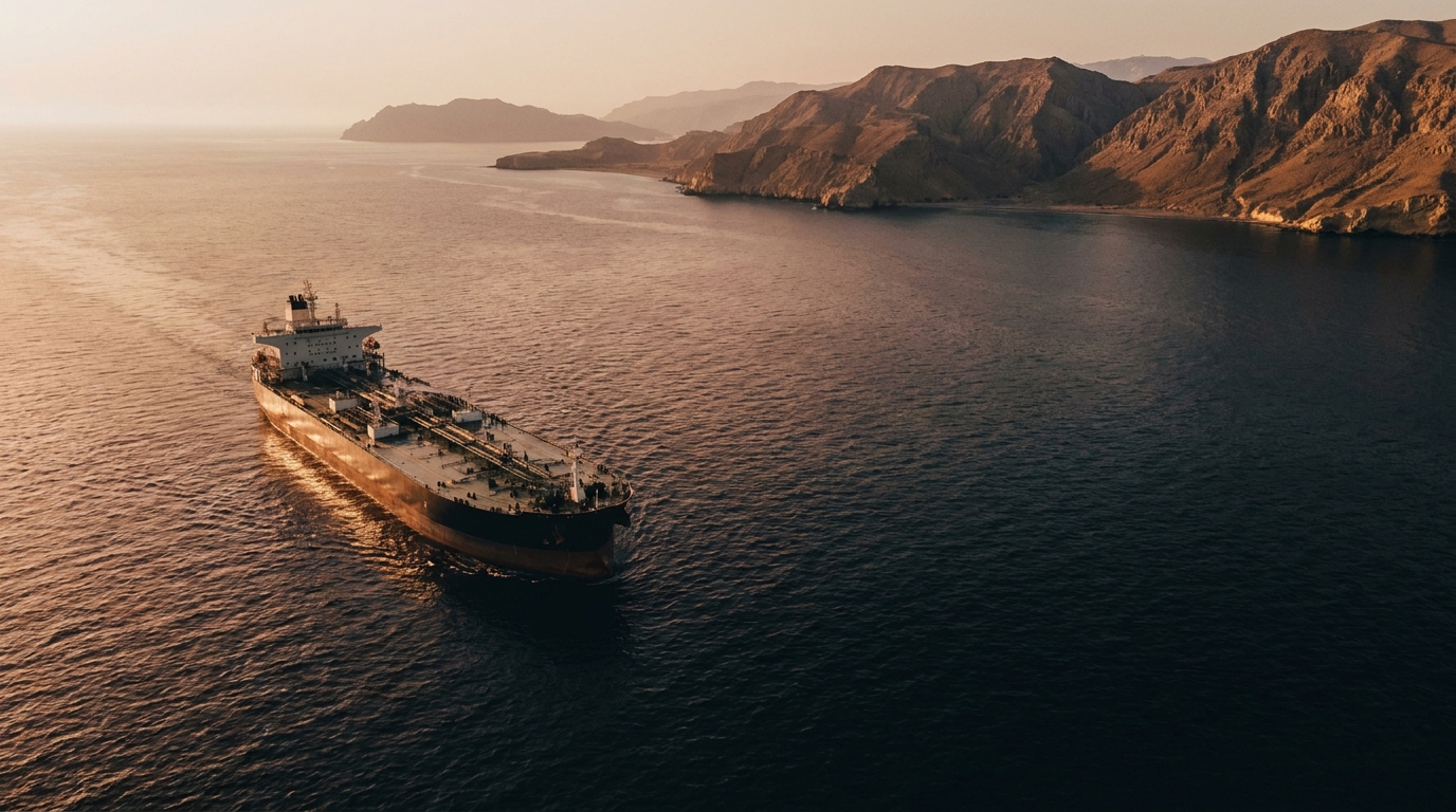 Oil tanker in the Strait of Hormuz at dawn with coastal mountains
