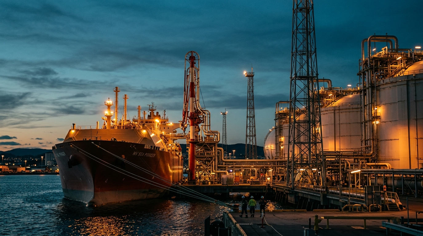 European gas storage facility with an LNG tanker docked at a terminal at dusk