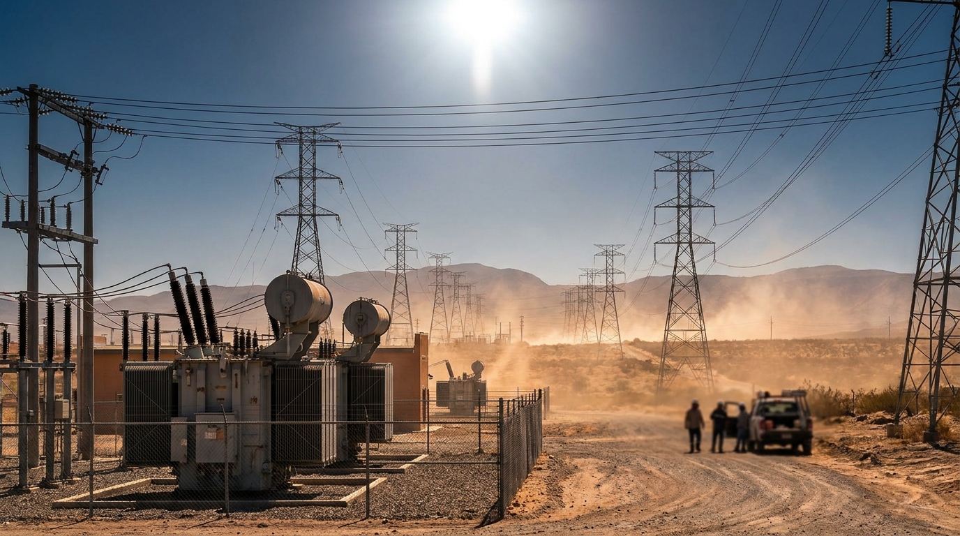 Transformador de distribución eléctrica en México bajo sol intenso de verano