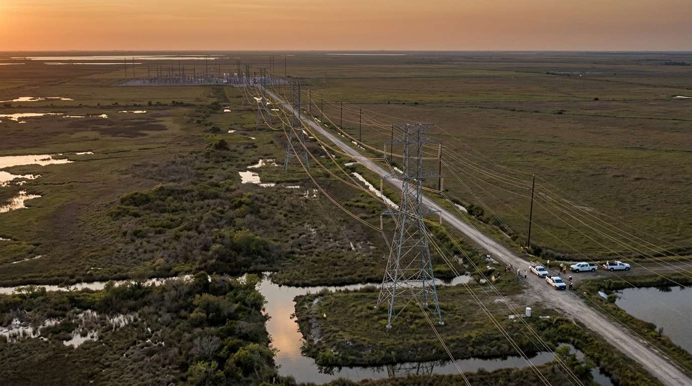 Líneas de transmisión interregional sobre llanuras con subestación al atardecer
