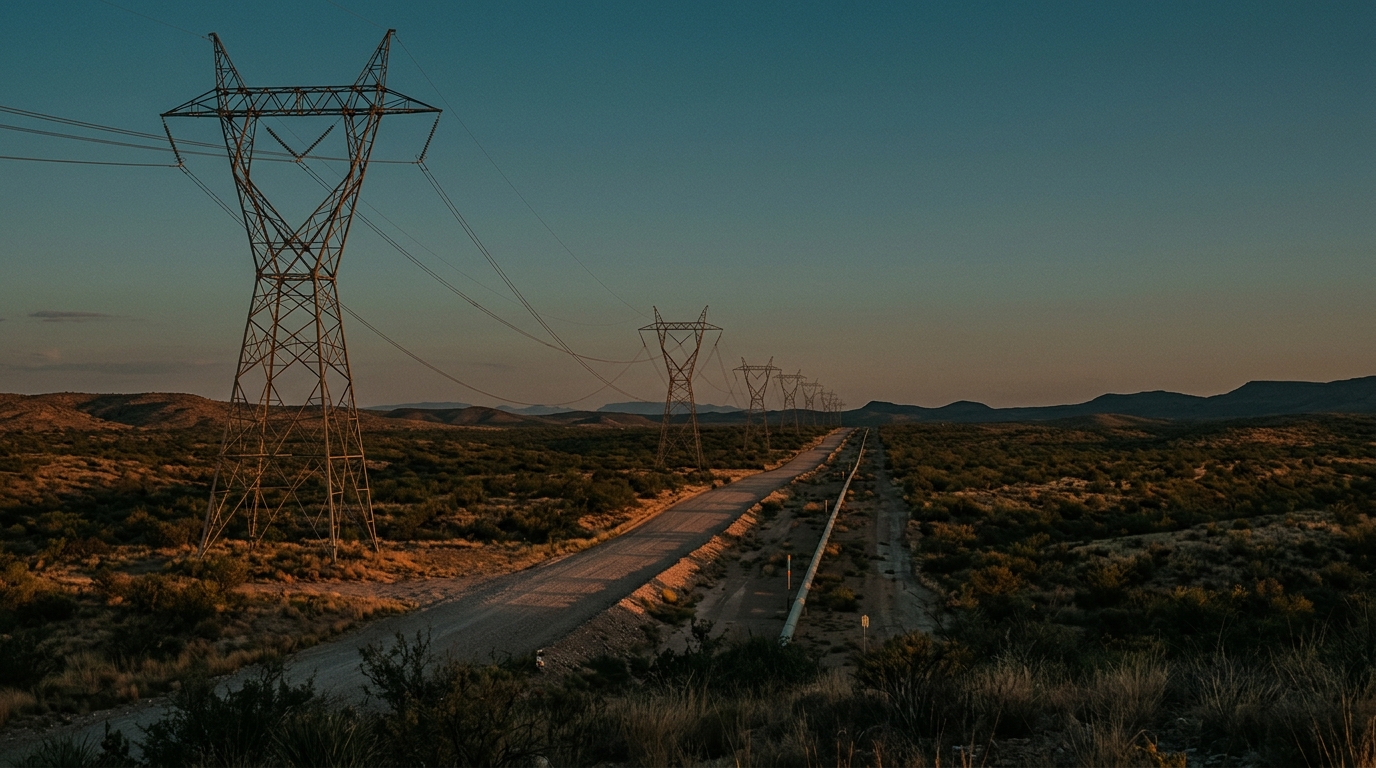 Power transmission towers and pipeline reflecting record U.S. gas exports to Mexico